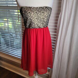 BODY CENTRAL Y2K BEAUTIFUL Strapless Black White Gold Red Dress Lined Sz Large